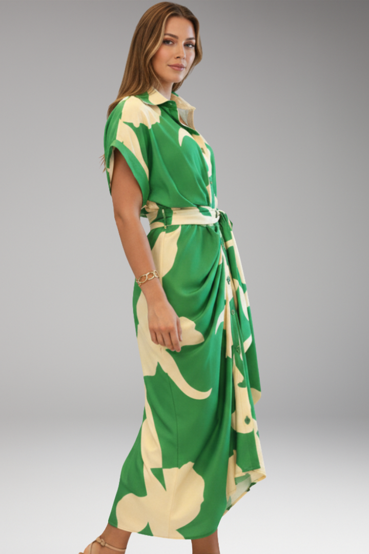 Women's Shirt Dress with Belt Tie and Short Sleeves