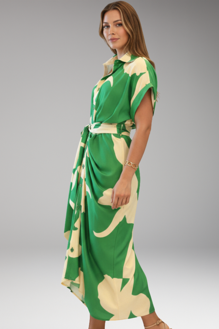Women's Shirt Dress with Belt Tie and Short Sleeves