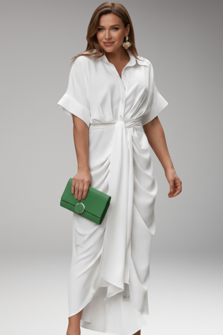 Women's Shirt Dress with Belt Tie and Short Sleeves