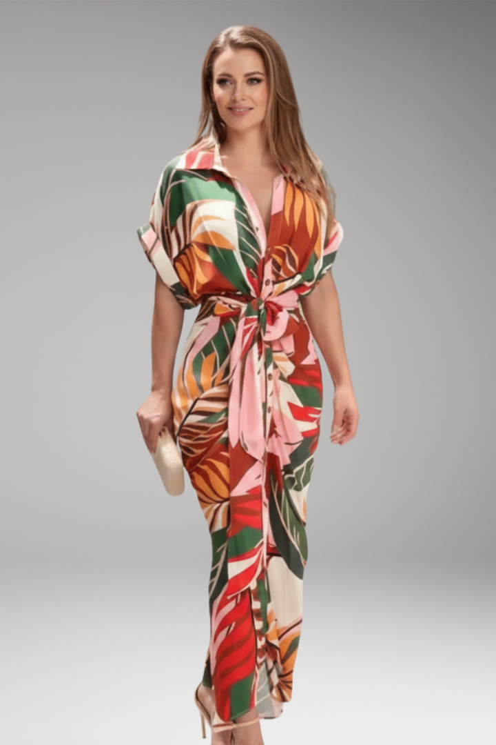 Women's Shirt Dress with Belt Tie and Short Sleeves