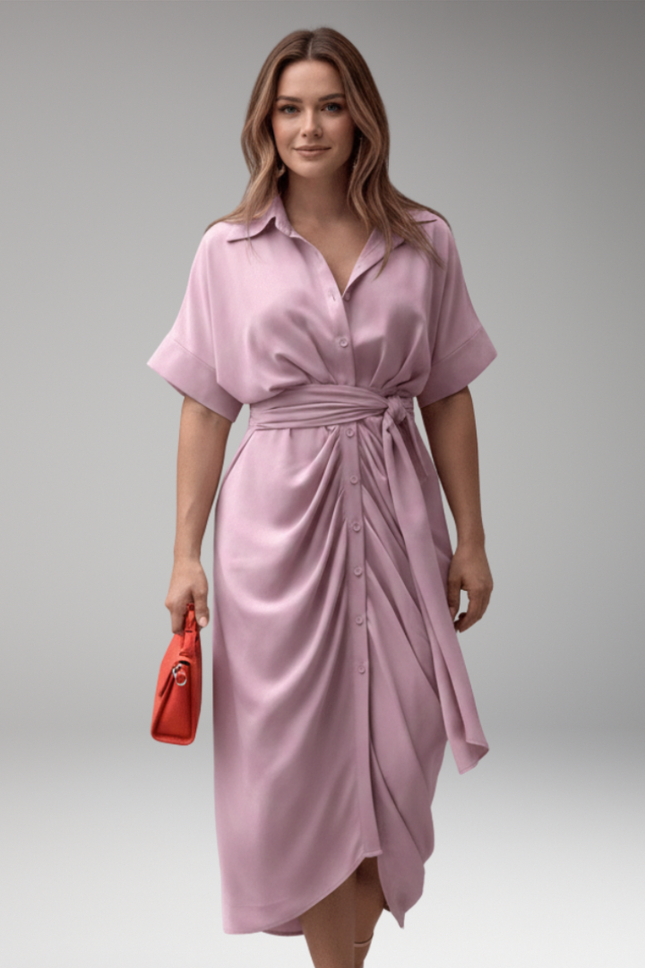 Women's Shirt Dress with Belt Tie and Short Sleeves