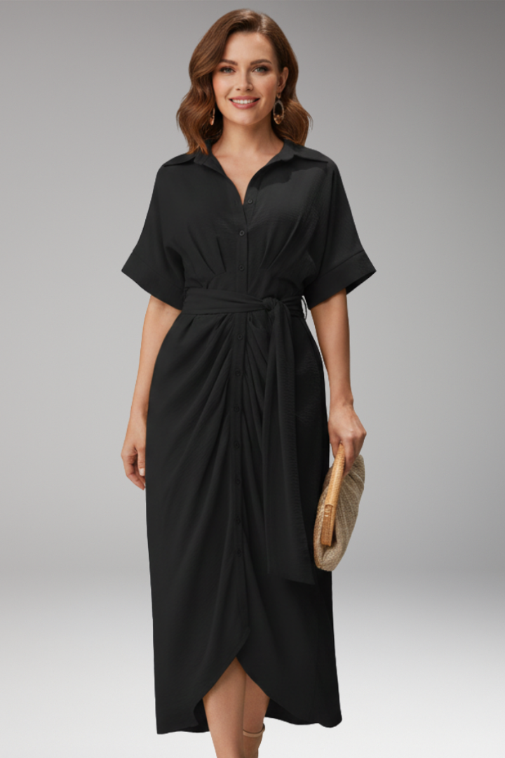 Women's Shirt Dress with Belt Tie and Short Sleeves