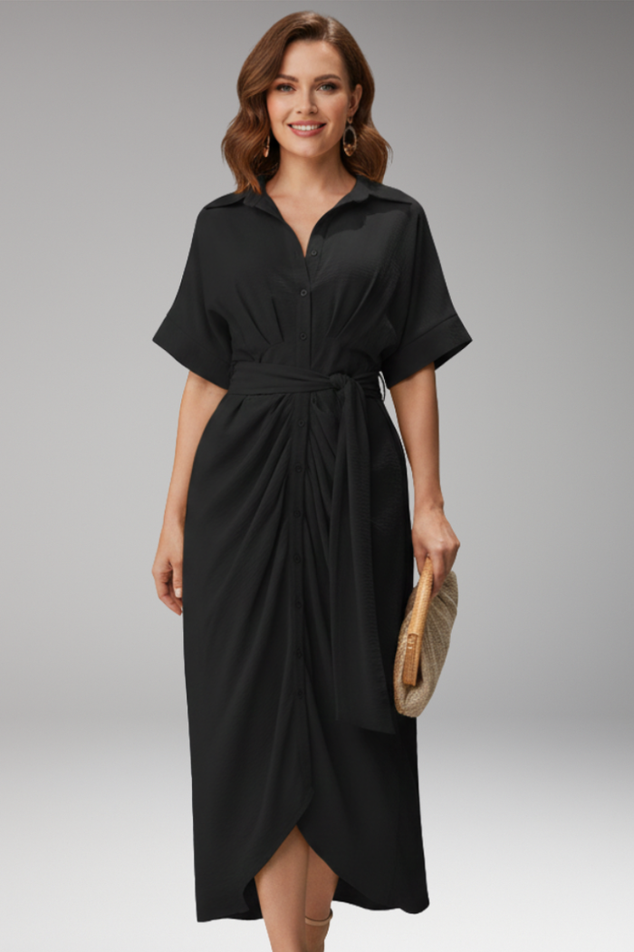 Women's Shirt Dress with Belt Tie and Short Sleeves