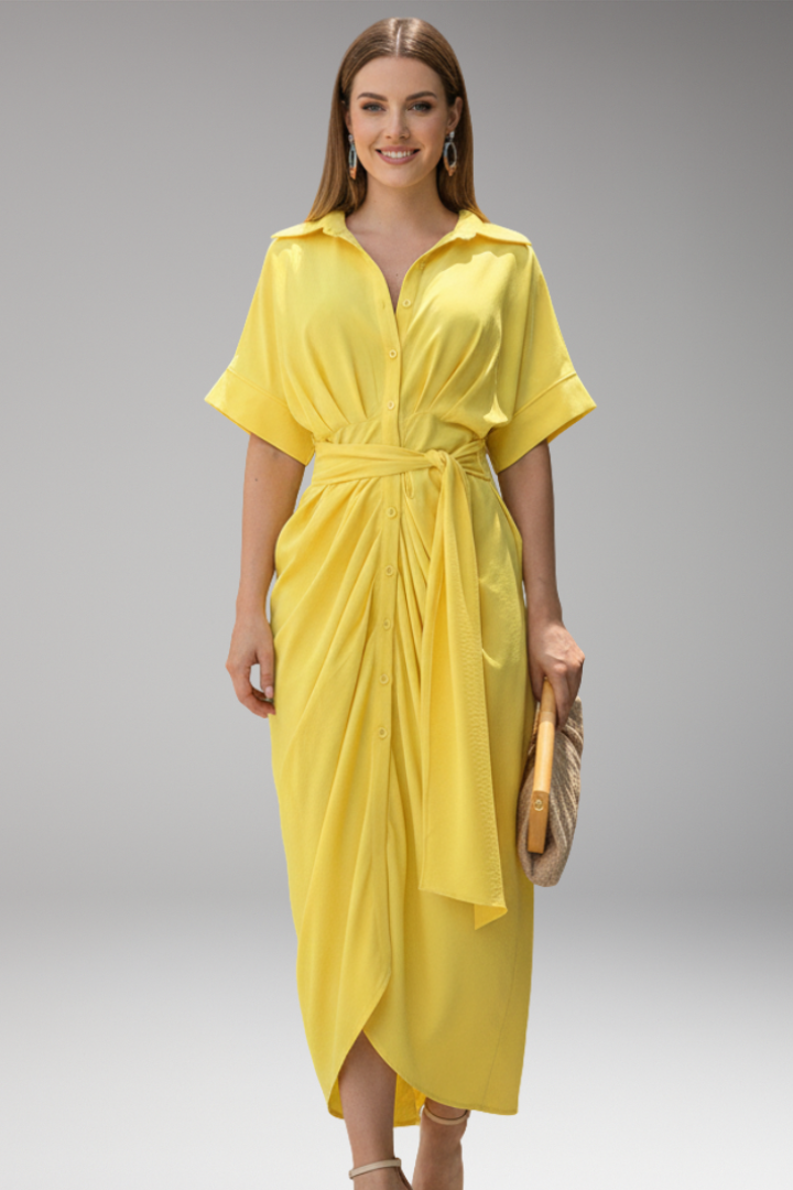 Women's Shirt Dress with Belt Tie and Short Sleeves