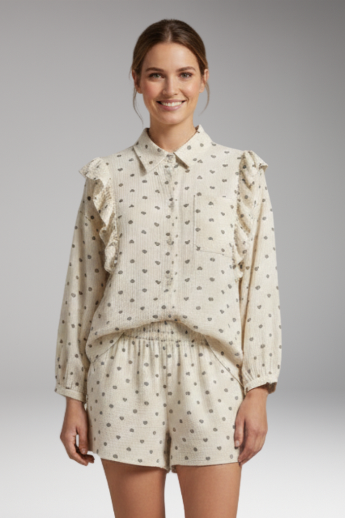 Women's Shirt Dress with Ruffle Detail and Heart Pattern