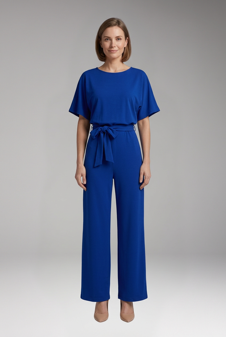Women's Short Sleeve Tie Waist Wide Leg Jumpsuit