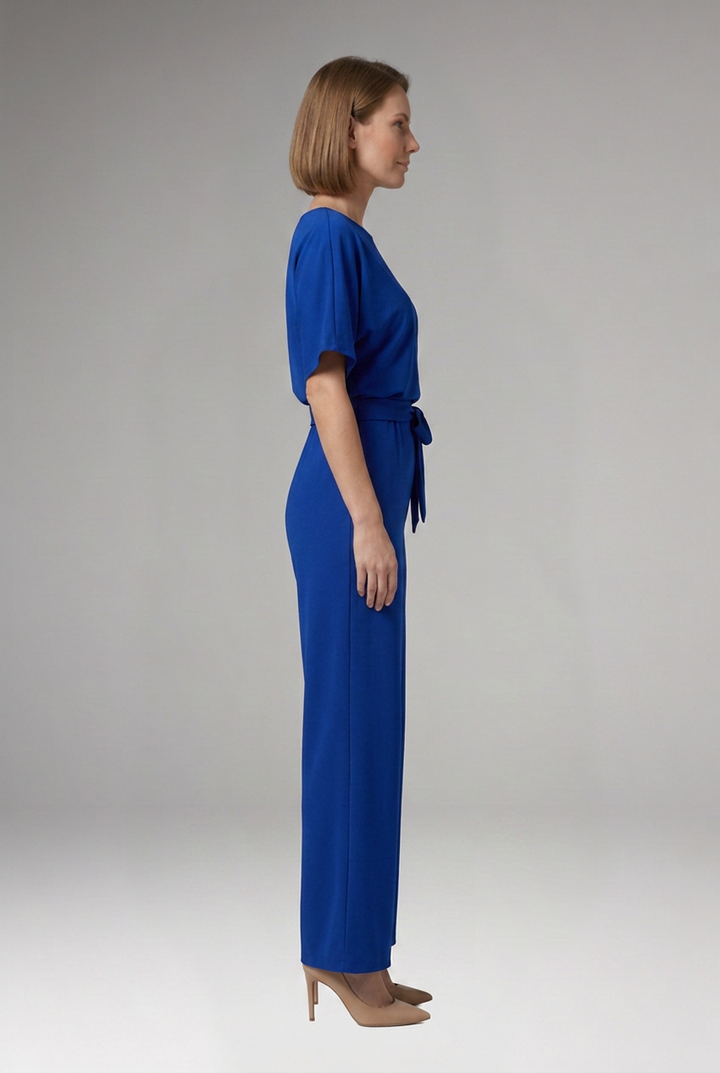 Women's Short Sleeve Tie Waist Wide Leg Jumpsuit