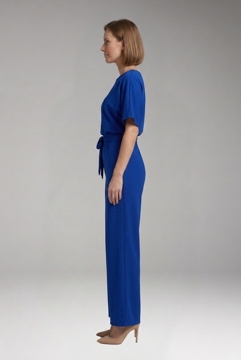Women's Short Sleeve Tie Waist Wide Leg Jumpsuit