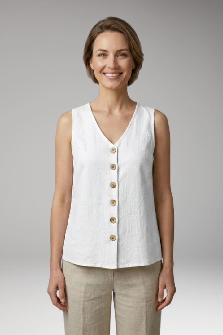 Women's Sleeveless Blouse with V Neck and Button Front