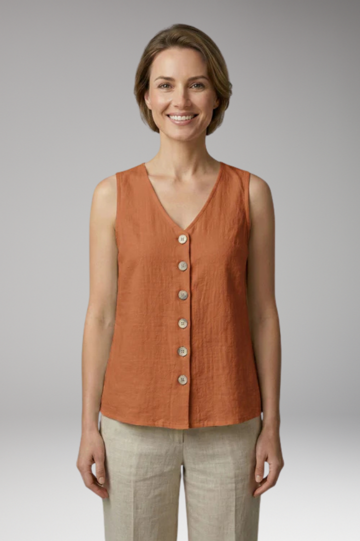 Women's Sleeveless Blouse with V Neck and Button Front