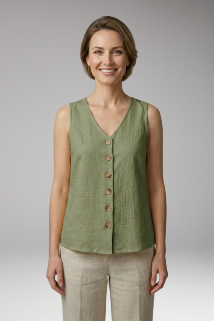 Women's Sleeveless Blouse with V Neck and Button Front
