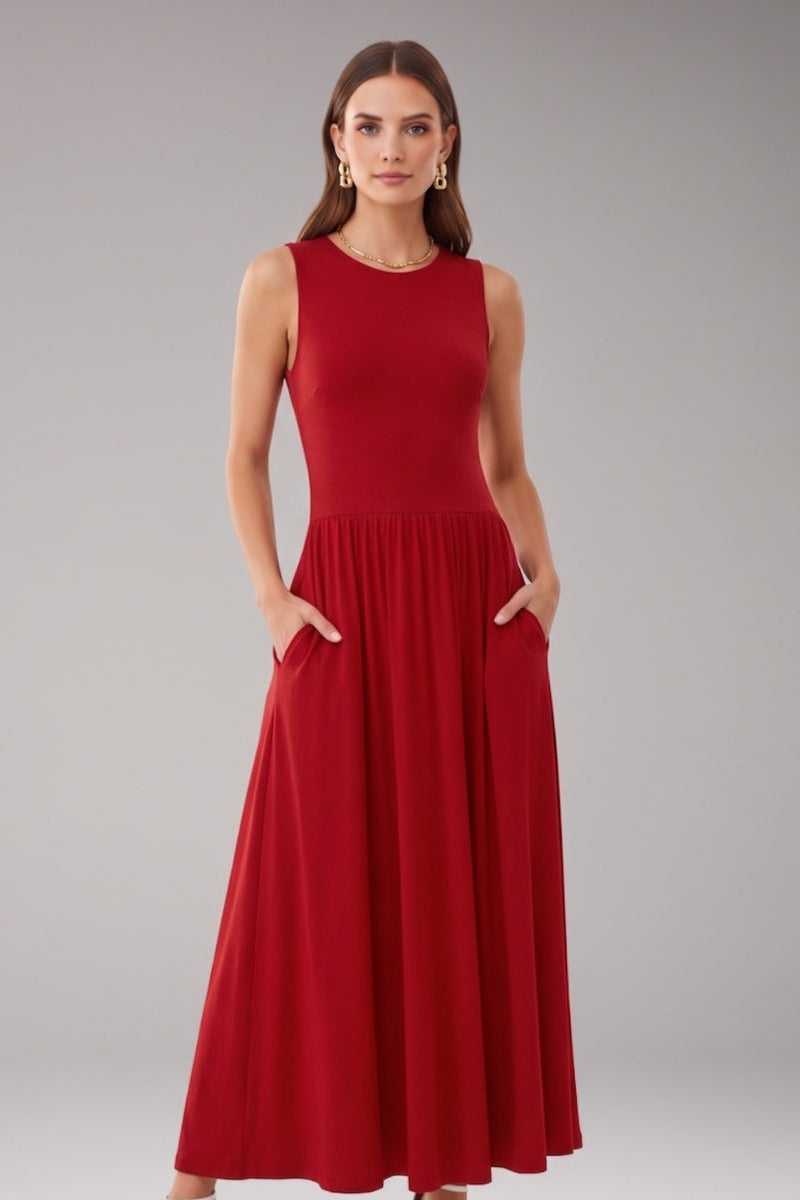 Women's Sleeveless Midi Dress with Pockets