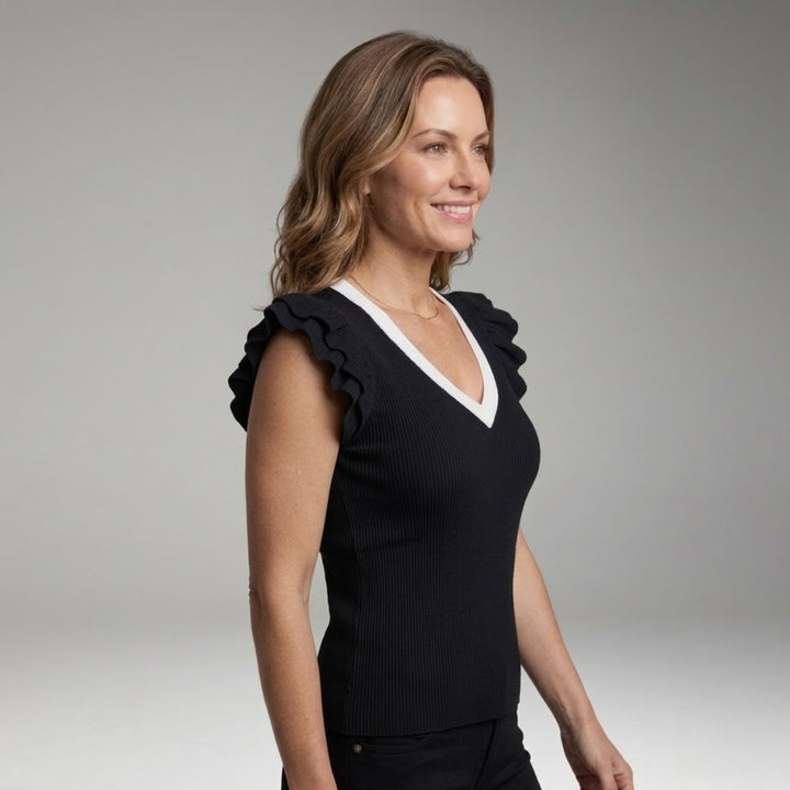 Women's Sleeveless Top with V-Neck and Ruffle Sleeves