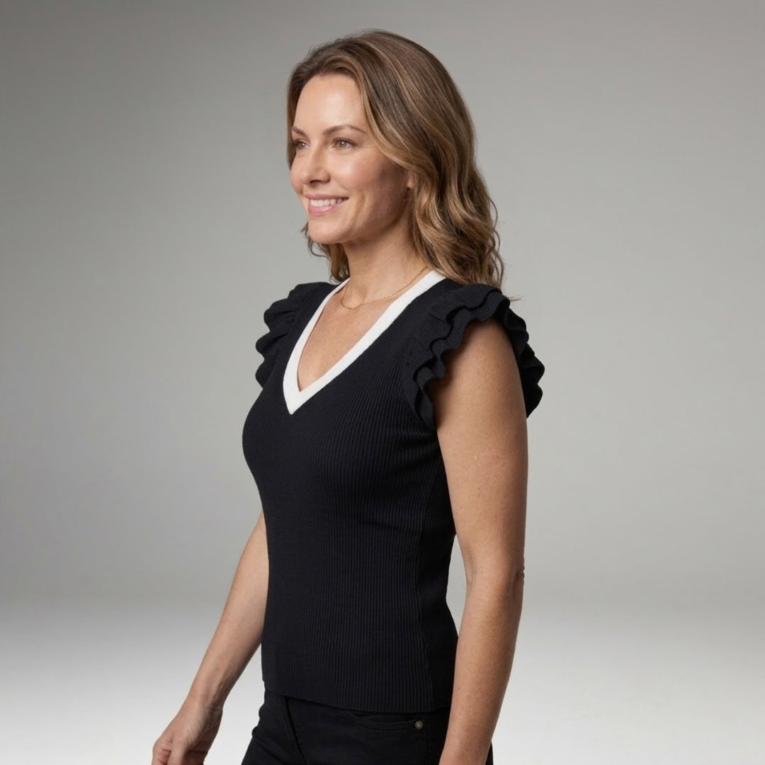 Women's Sleeveless Top with V-Neck and Ruffle Sleeves