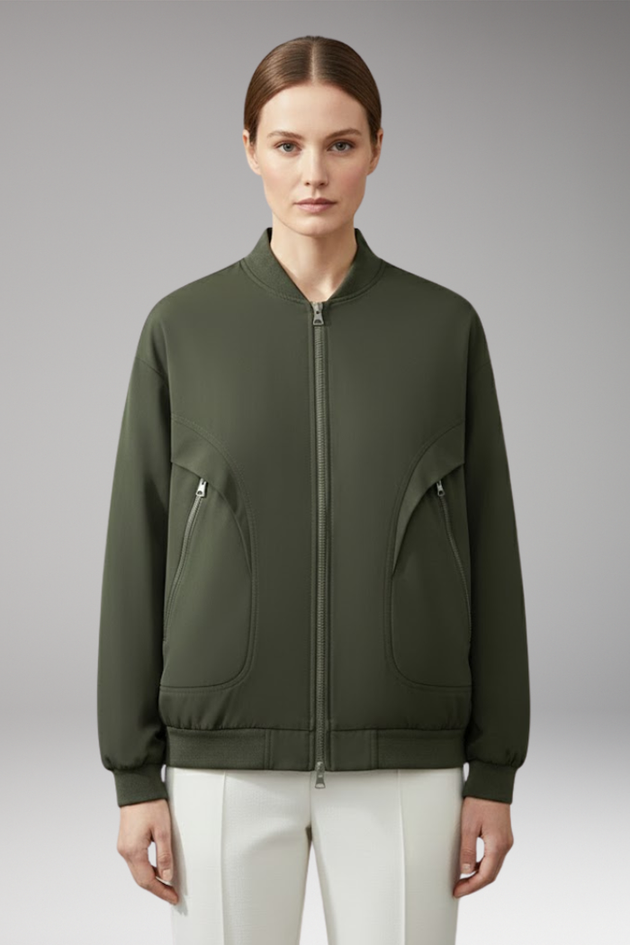 Women's Sporty Bomber Jacket with Zipper Pockets and Elastic Cuffs