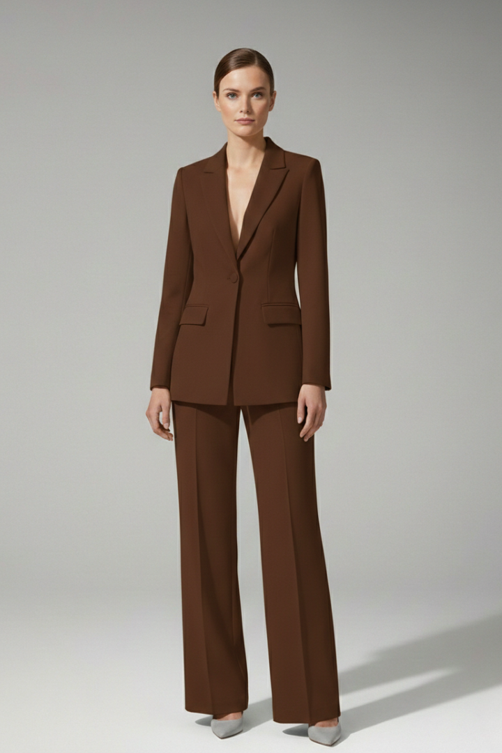 Women's Suit Set with V Neckline and Straight-Leg Trousers