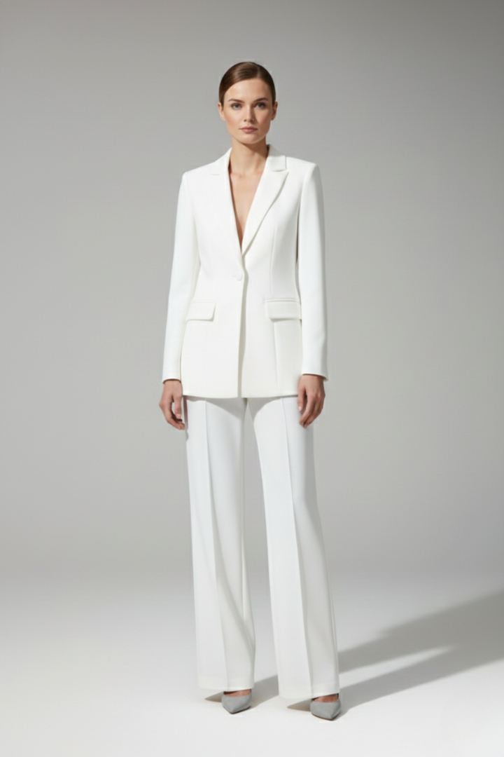Women's Suit Set with V Neckline and Straight-Leg Trousers