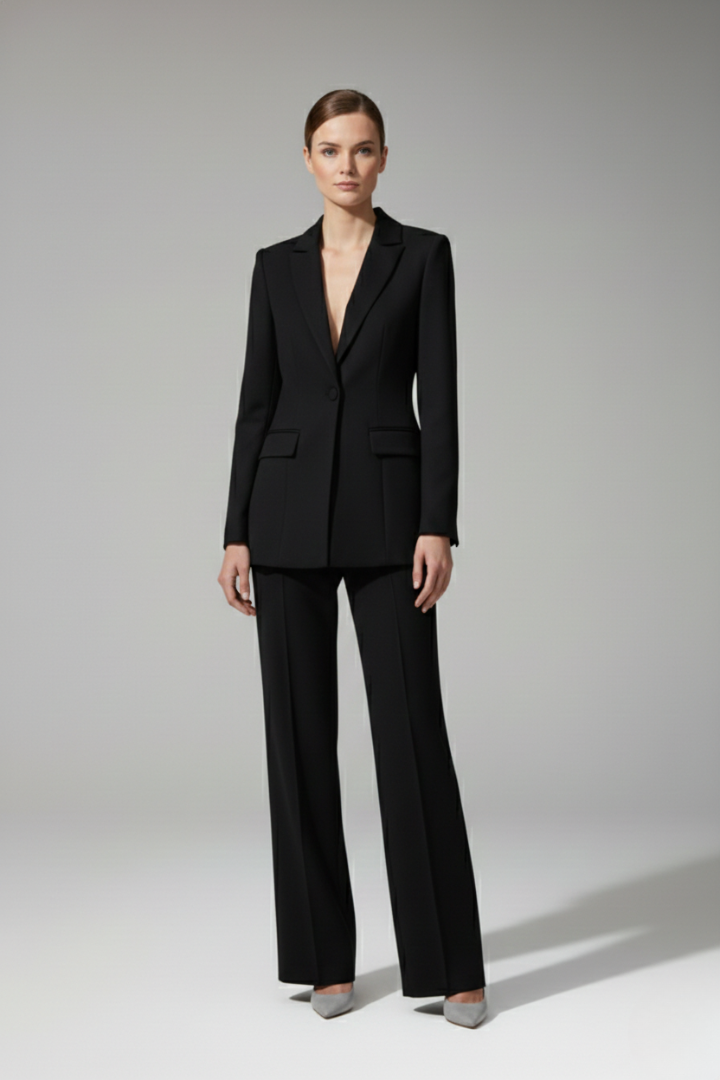 Women's Suit Set with V Neckline and Straight-Leg Trousers