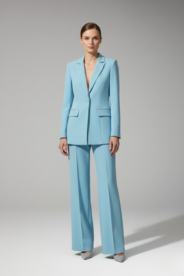 Women's Suit Set with V Neckline and Straight-Leg Trousers
