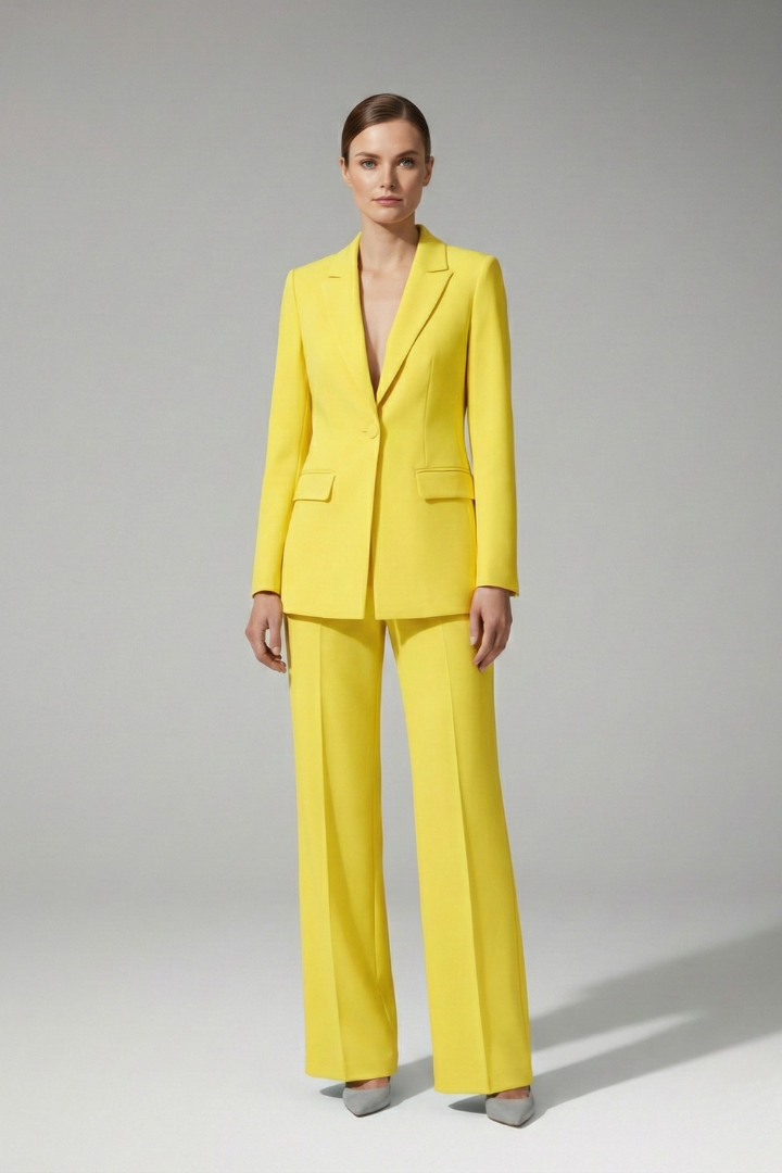 Women's Suit Set with V Neckline and Straight-Leg Trousers