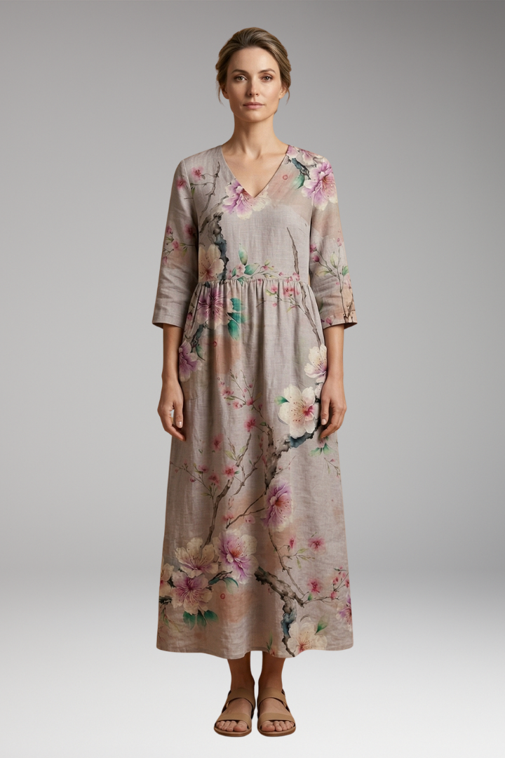 Women's Summer Maxi Dress with V-Neck and Floral Pattern
