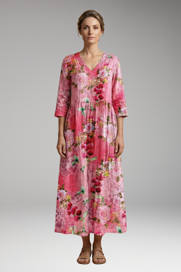 Women's Summer Maxi Dress with V-Neck and Floral Pattern
