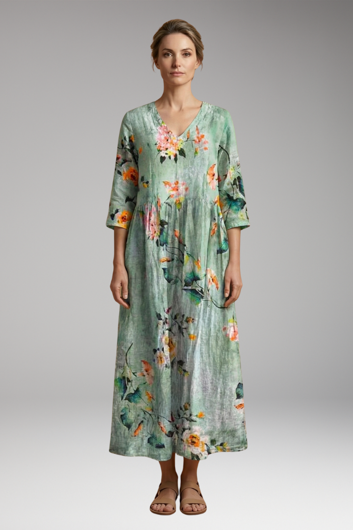 Women's Summer Maxi Dress with V-Neck and Floral Pattern