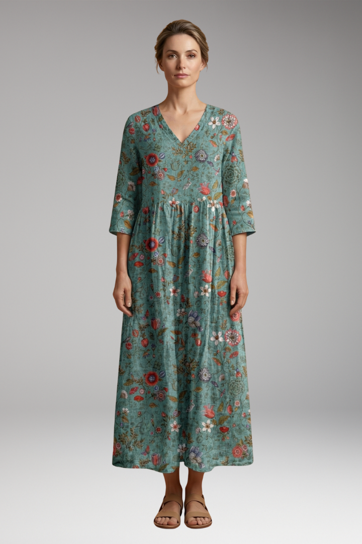 Women's Summer Maxi Dress with V-Neck and Floral Pattern
