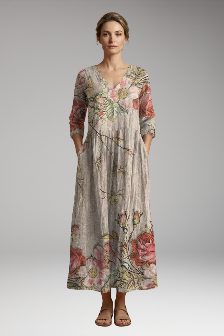 Women's Summer Maxi Dress with V-Neck and Floral Pattern
