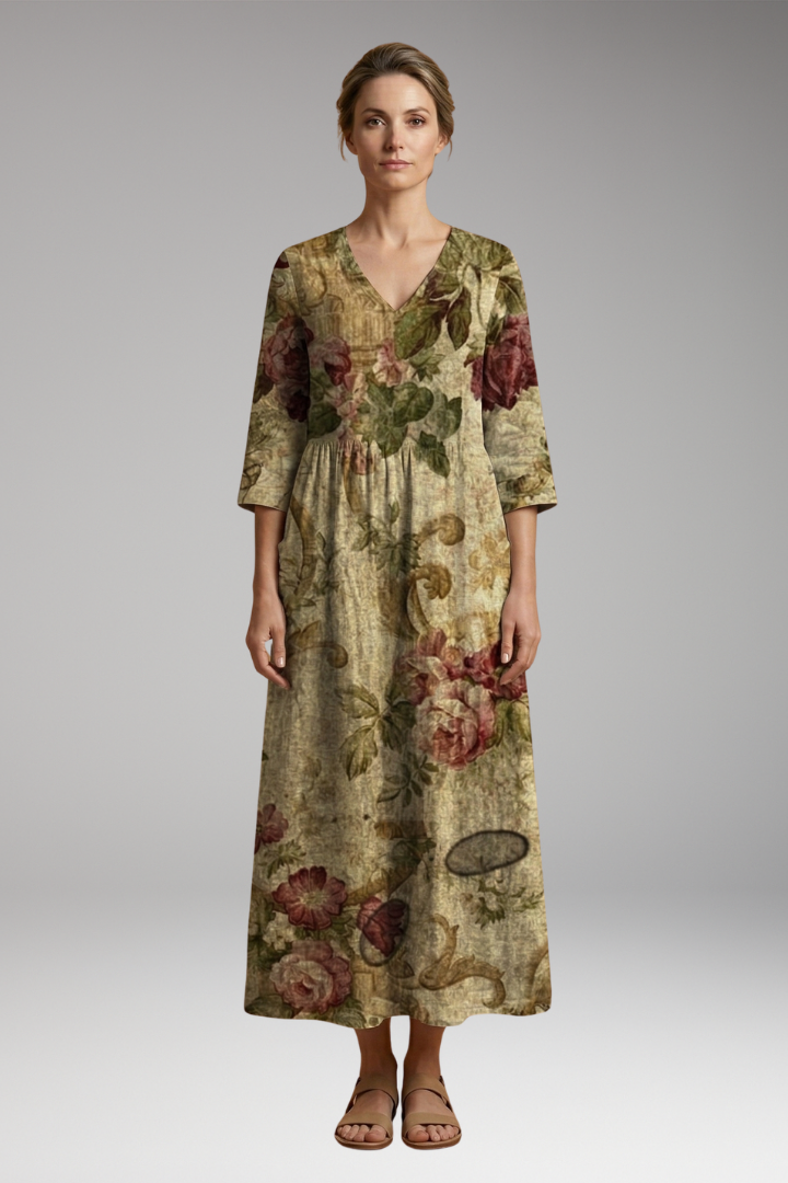 Women's Summer Maxi Dress with V-Neck and Floral Pattern