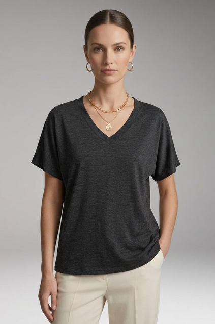 Women's Summer T-Shirt with V-Neck and Loose Fit