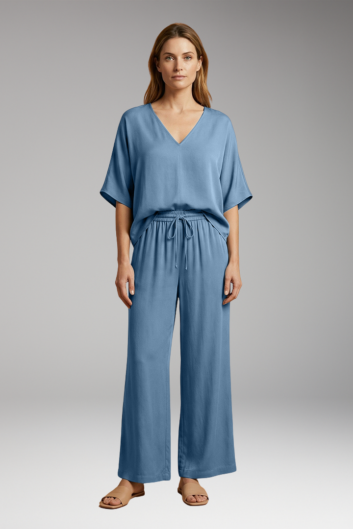 Women's Summer Two-Piece Set with V-Neck and Wide-Leg Pants