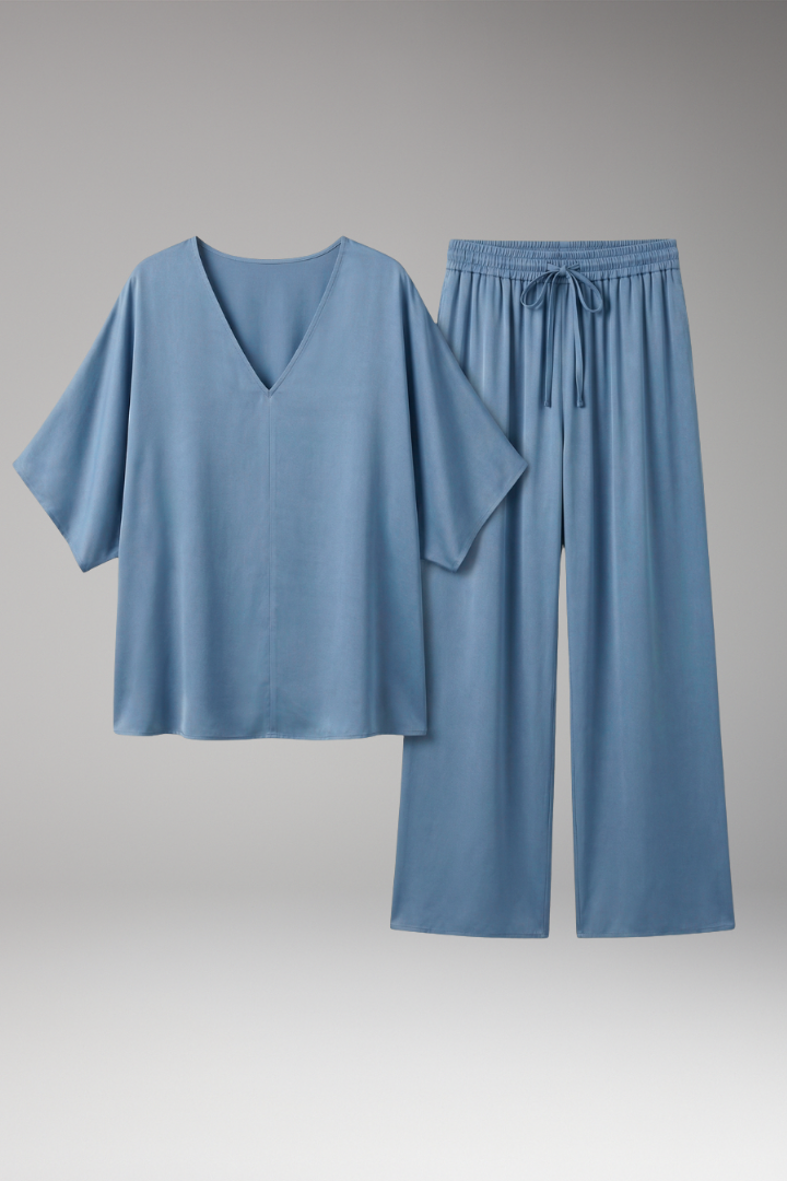 Women's Summer Two-Piece Set with V-Neck and Wide-Leg Pants