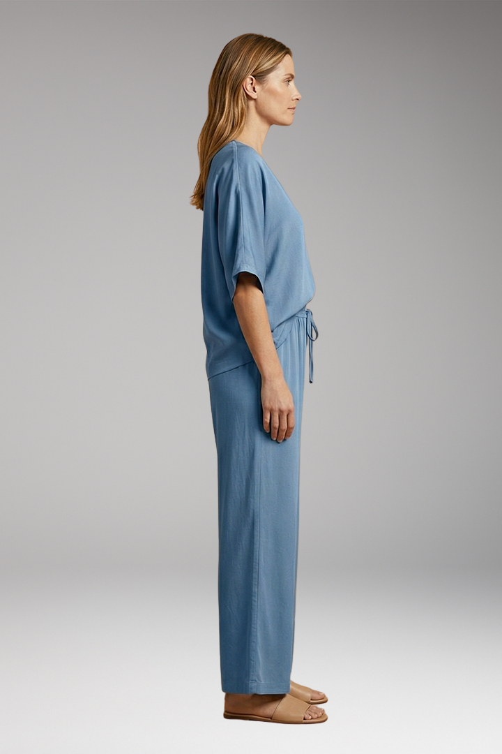 Women's Summer Two-Piece Set with V-Neck and Wide-Leg Pants