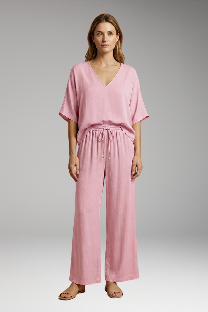Women's Summer Two-Piece Set with V-Neck and Wide-Leg Pants