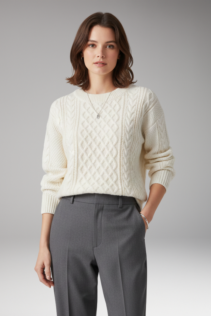 Women's Sweater with Round Neck and Cable Knit Texture