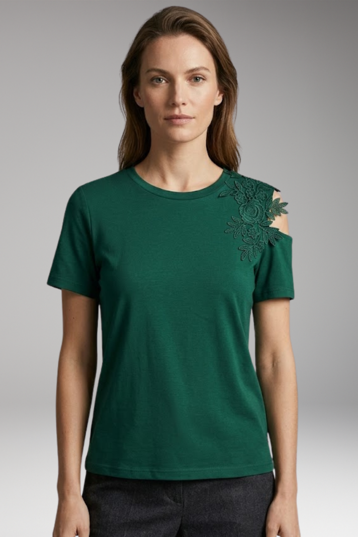 Women's T-Shirt with Floral Embroidery on the Shoulder