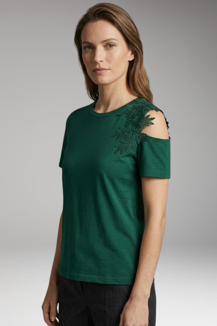 Women's T-Shirt with Floral Embroidery on the Shoulder