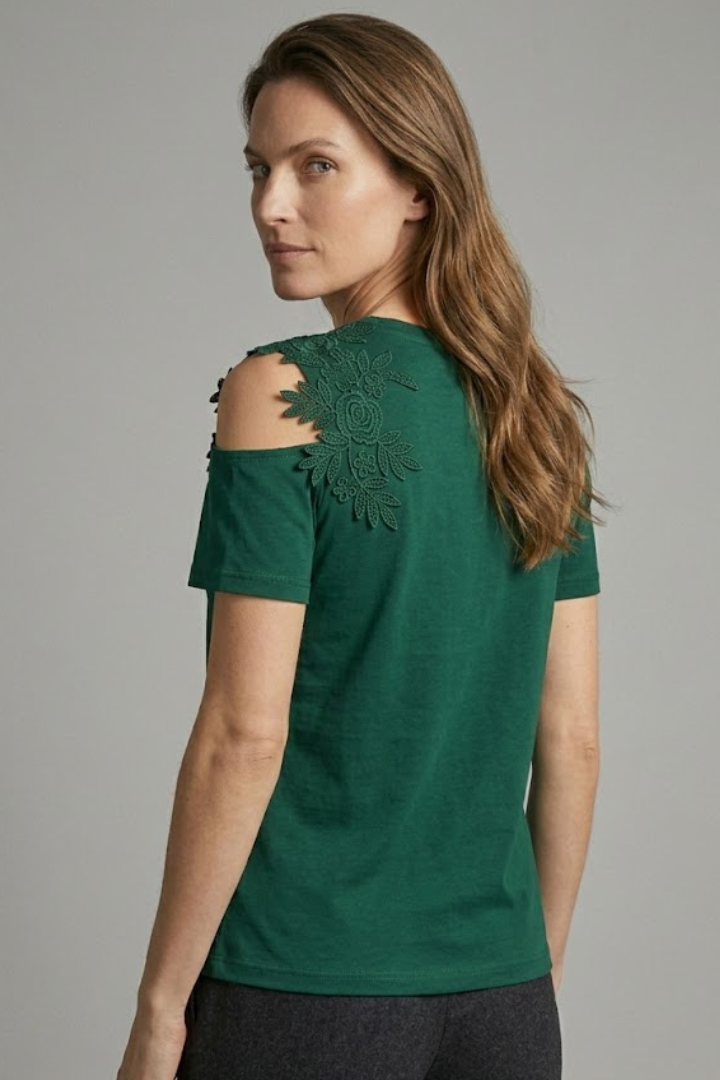 Women's T-Shirt with Floral Embroidery on the Shoulder