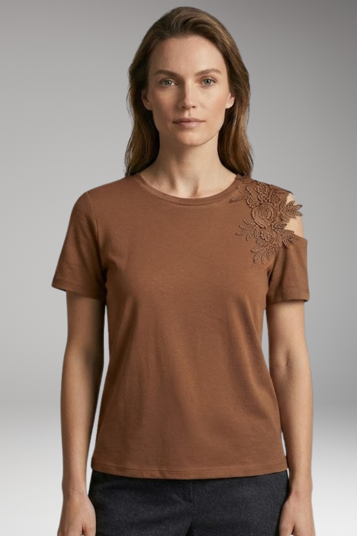 Women's T-Shirt with Floral Embroidery on the Shoulder