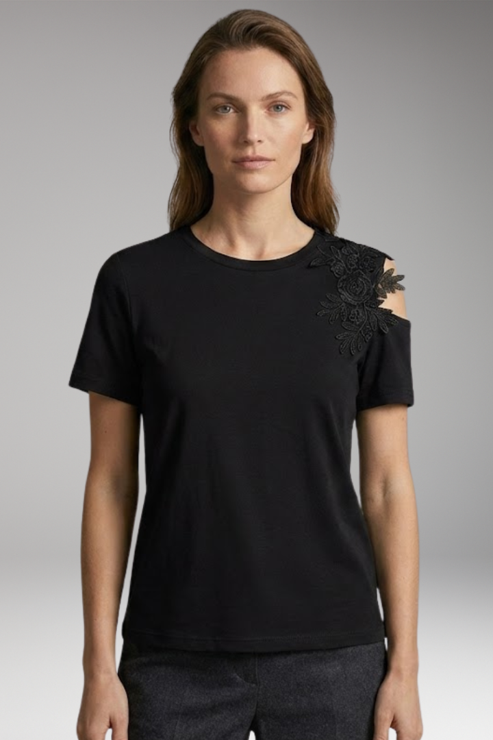 Women's T-Shirt with Floral Embroidery on the Shoulder