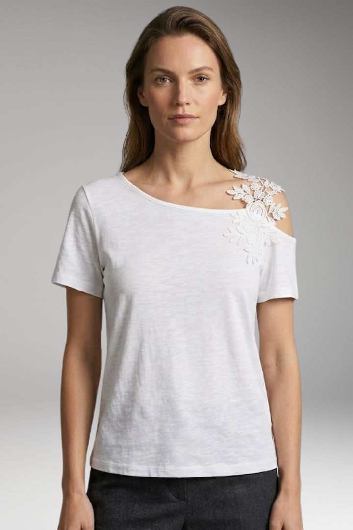 Women's T-Shirt with Floral Embroidery on the Shoulder