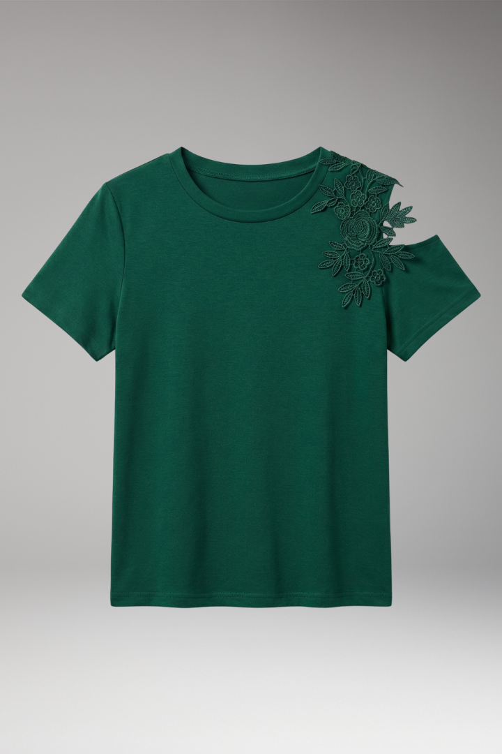 Women's T-Shirt with Floral Embroidery on the Shoulder