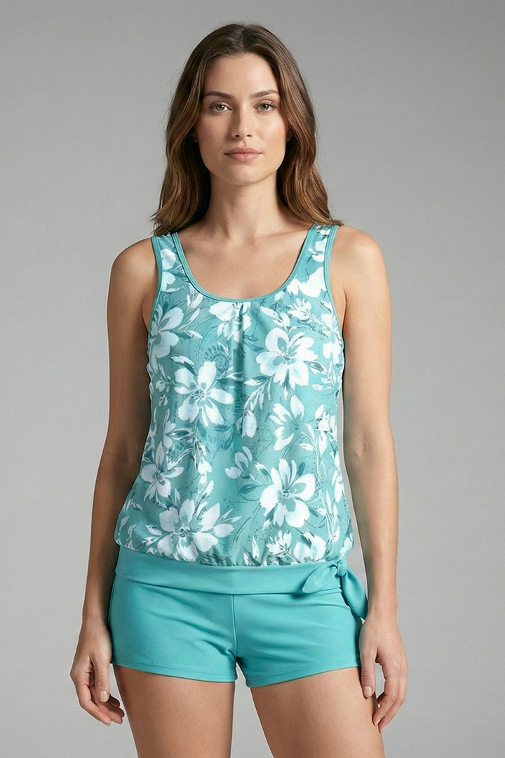 Women's Tankini Set with Floral Print and Shorts-Style Bottoms