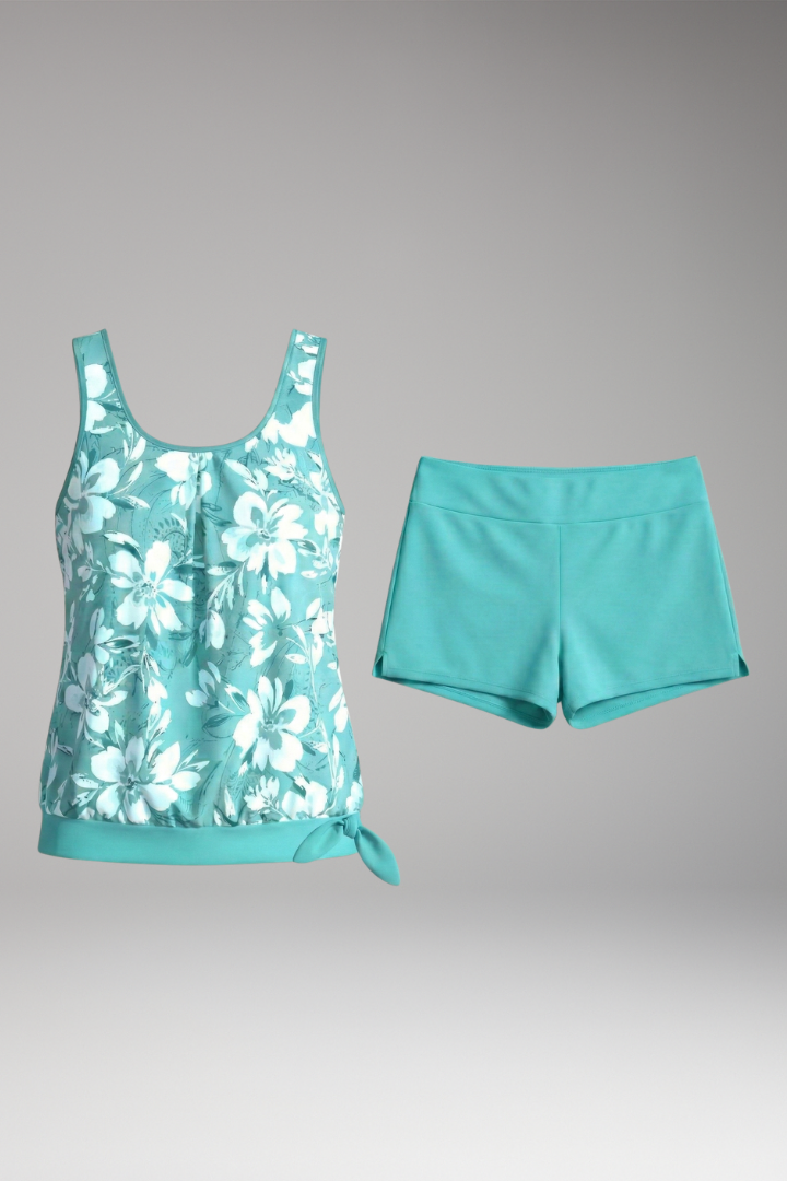 Women's Tankini Set with Floral Print and Shorts-Style Bottoms