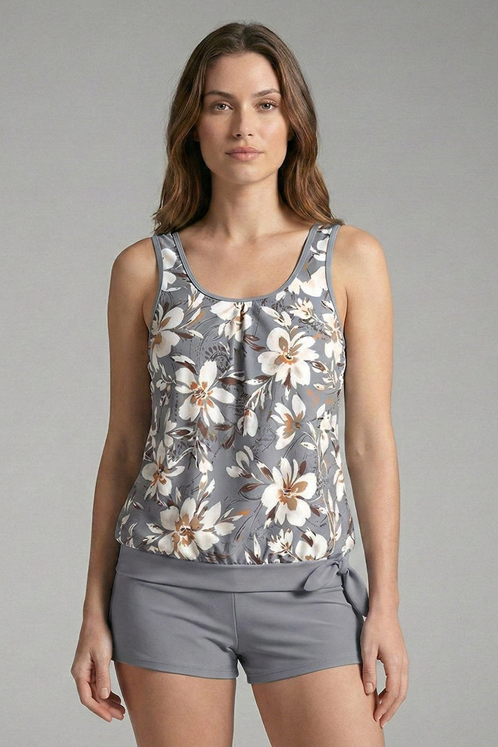 Women's Tankini Set with Floral Print and Shorts-Style Bottoms