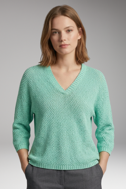 Women's Textured Knit V-Neck Sweater with 3/4 Sleeves