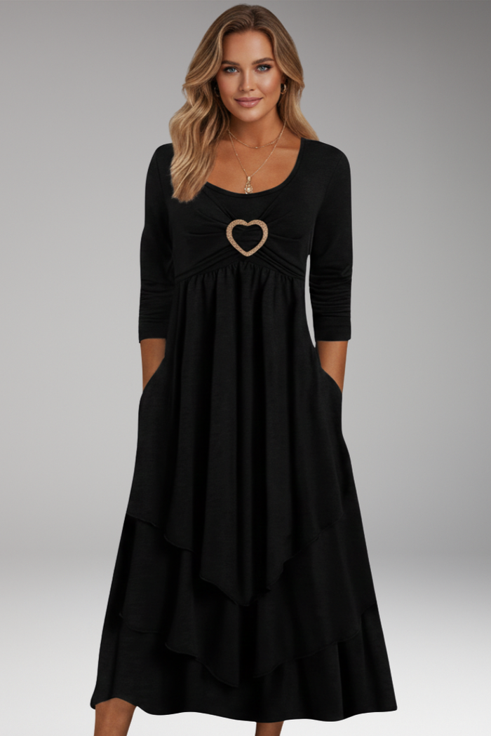 Women's Tiered Midi Dress with Heart Ring and Long Sleeves