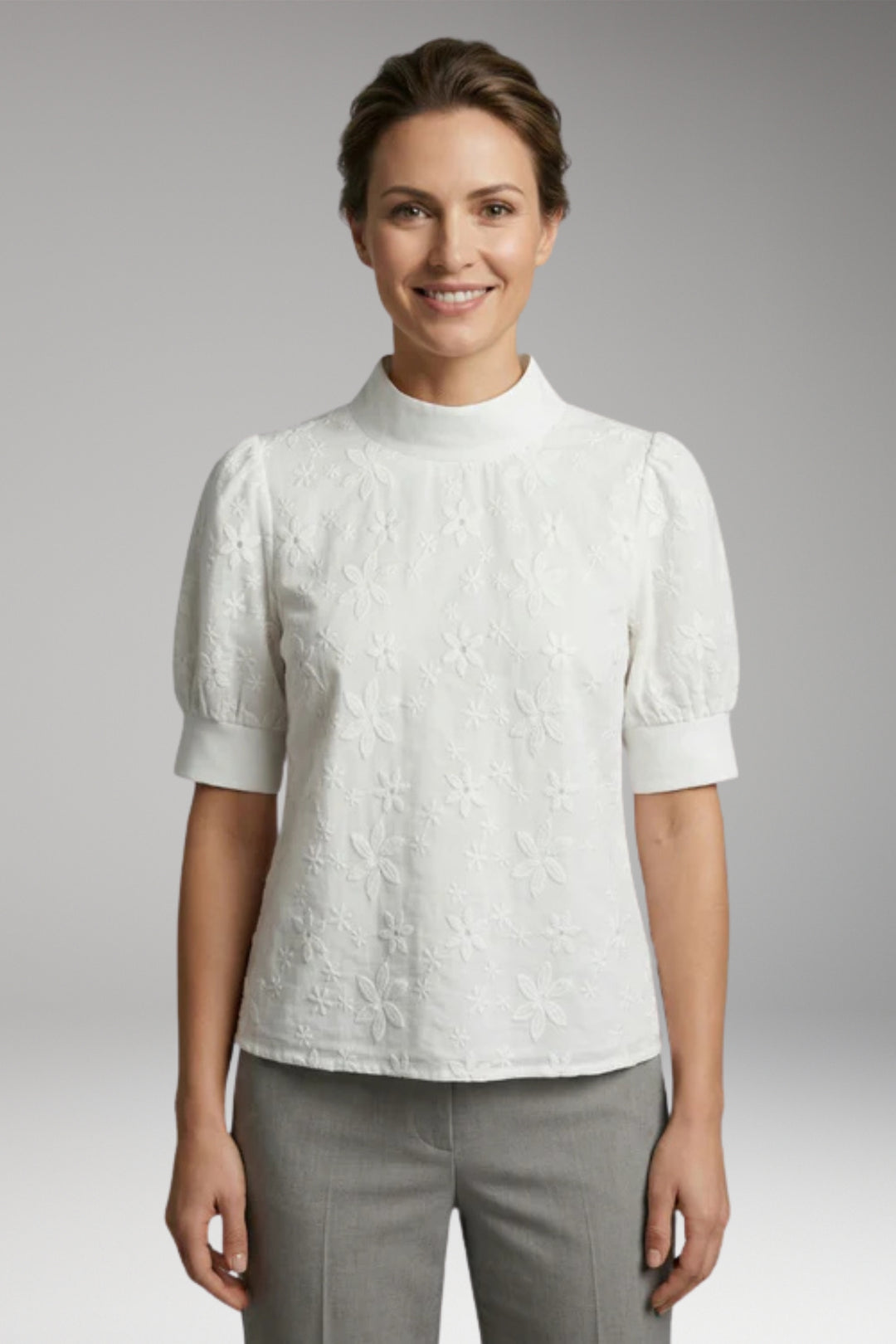 Women's Top with Stand Collar and Short Sleeves