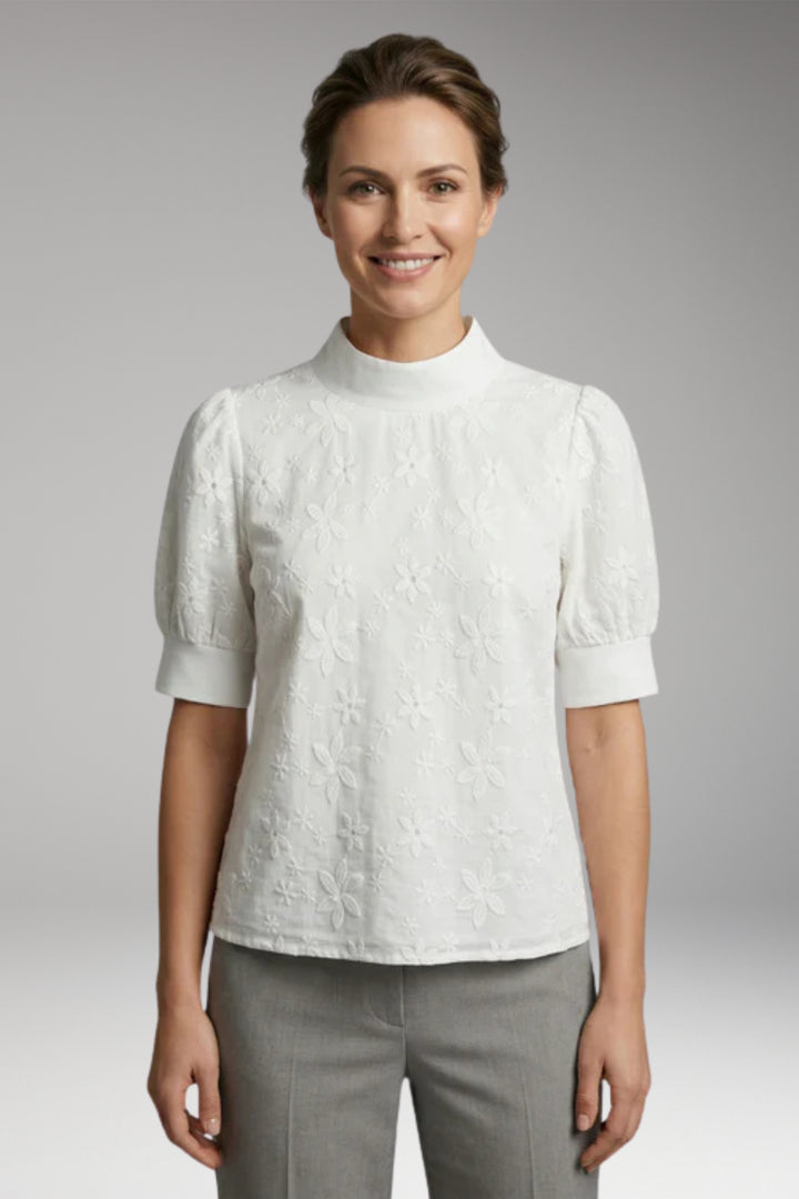 Women's Top with Stand Collar and Short Sleeves